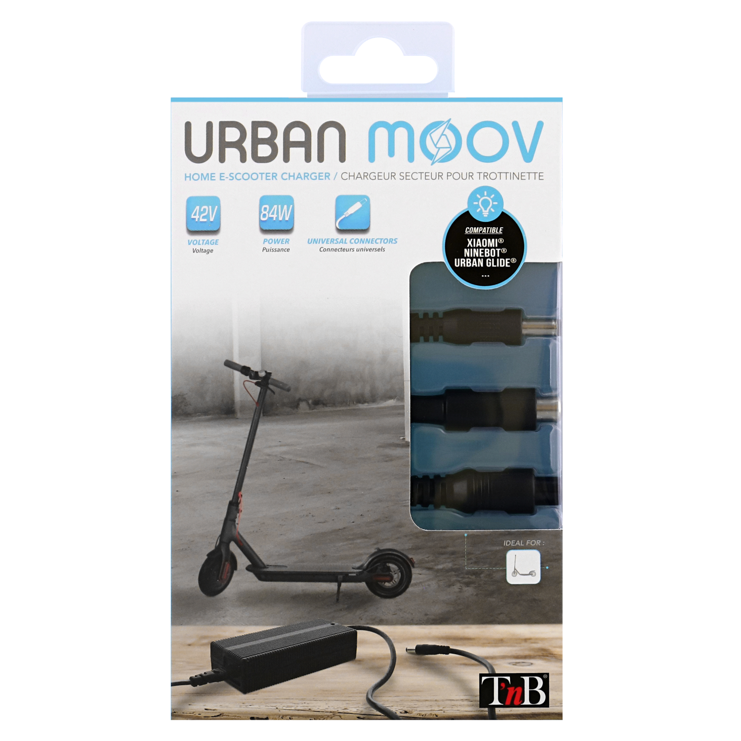 Een productverpakking voor een Urban Moov e-scooterlader met oplaadconnectoren.