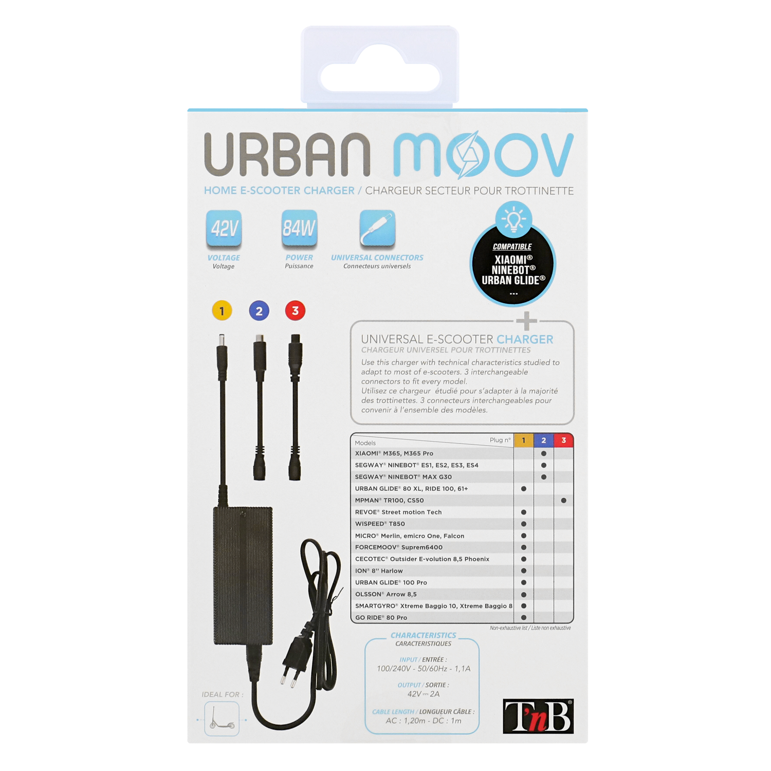 Urban Moov e-scooter oplader met drie oplaadstekkers. Inclusief schema en specificaties voor de scooter.
