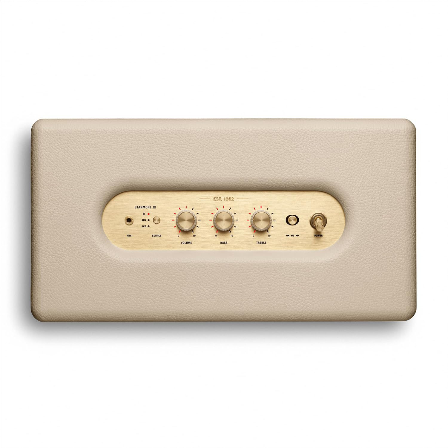 Un altoparlante Marshall Stanmore III beige con manopole dorate su sfondo bianco.