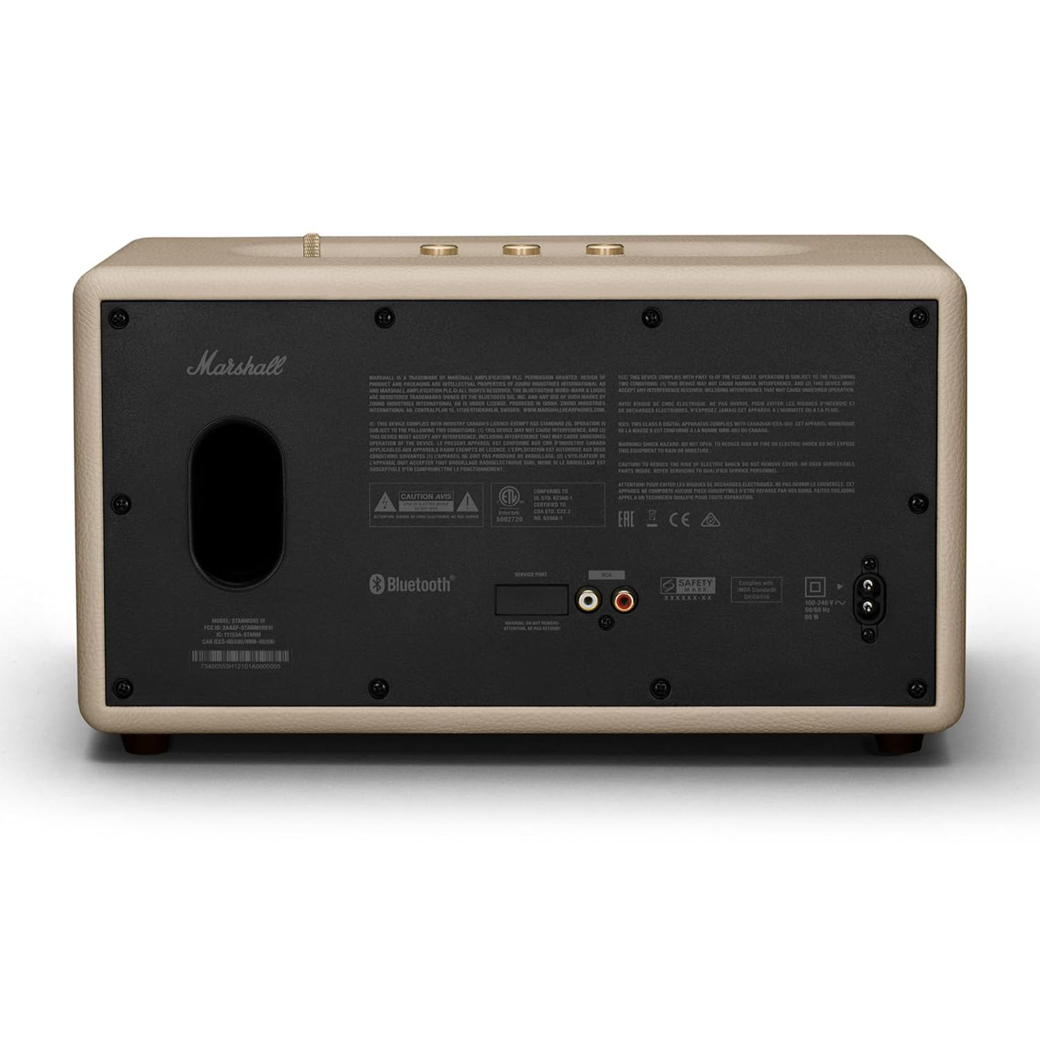 Retro del diffusore Marshall. Testo, porte e controlli sono visibili.