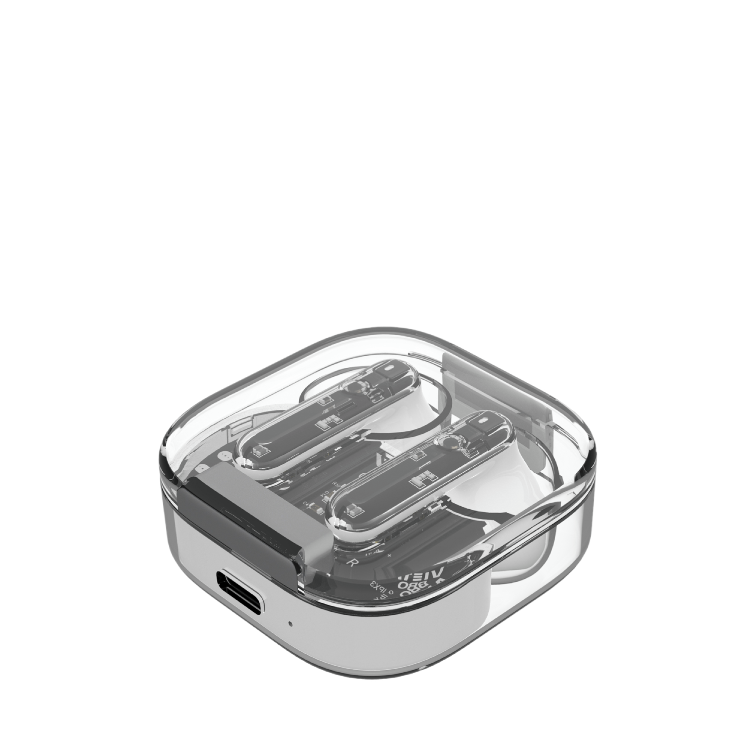 Estuche transparente cuadrado con dos auriculares dentro. Los auriculares son blancos con detalles negros y un puerto de carga.