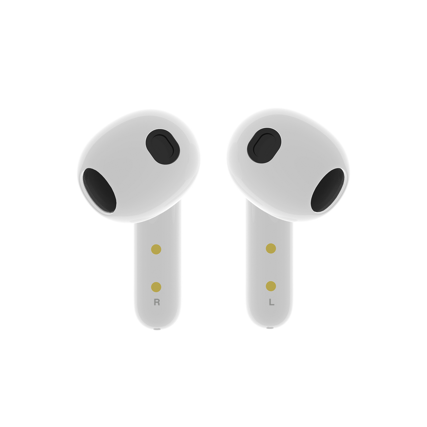 Auriculares inalámbricos blancos, marcados R y L, sobre fondo blanco.
