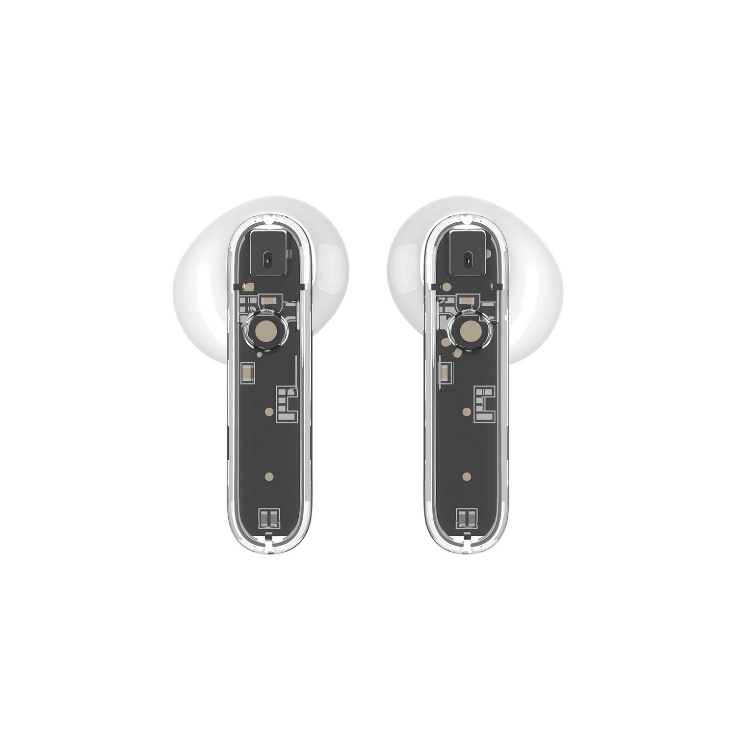 Dos auriculares inalámbricos blancos con componentes internos visibles, sobre fondo blanco.