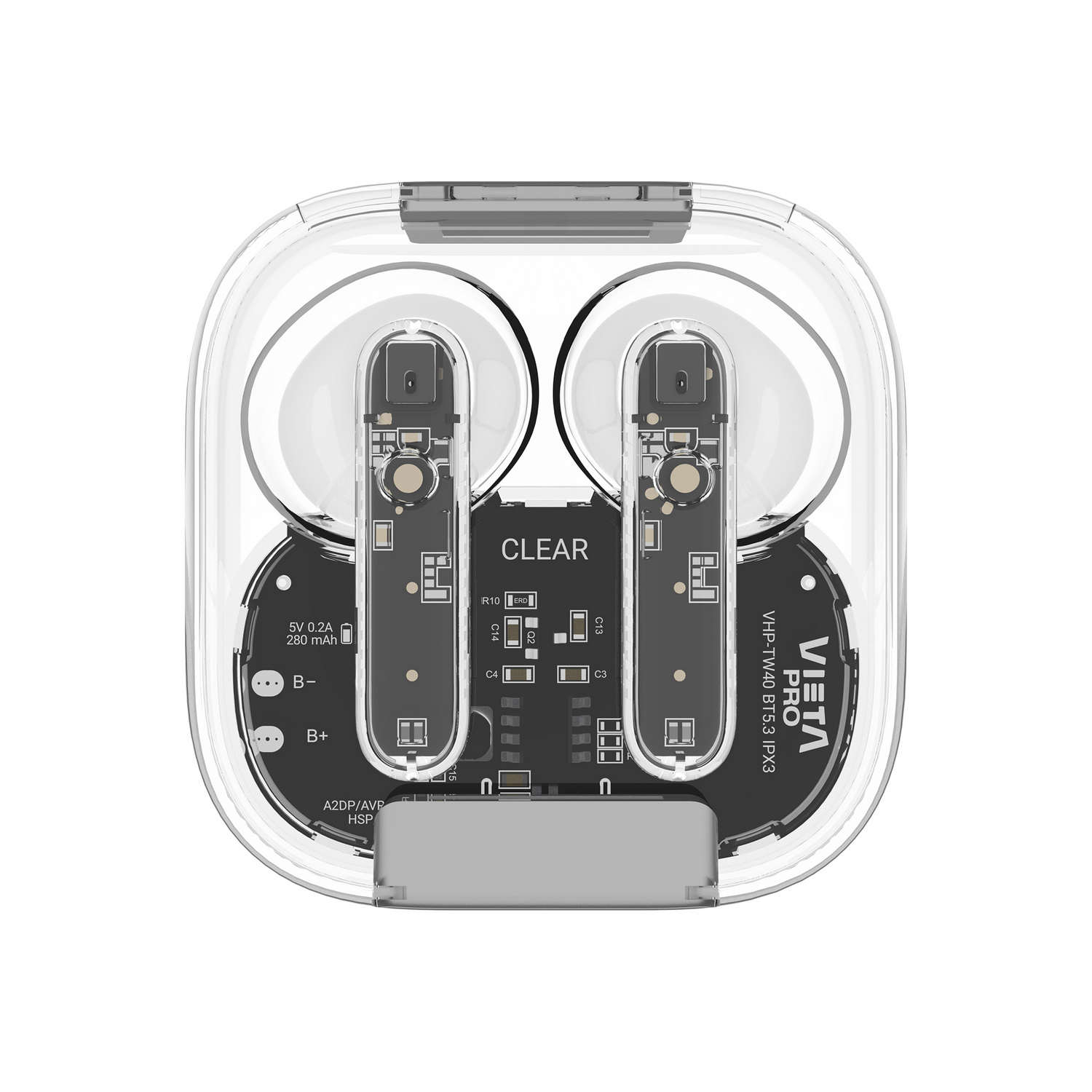 Auriculares transparentes con componentes internos visibles.