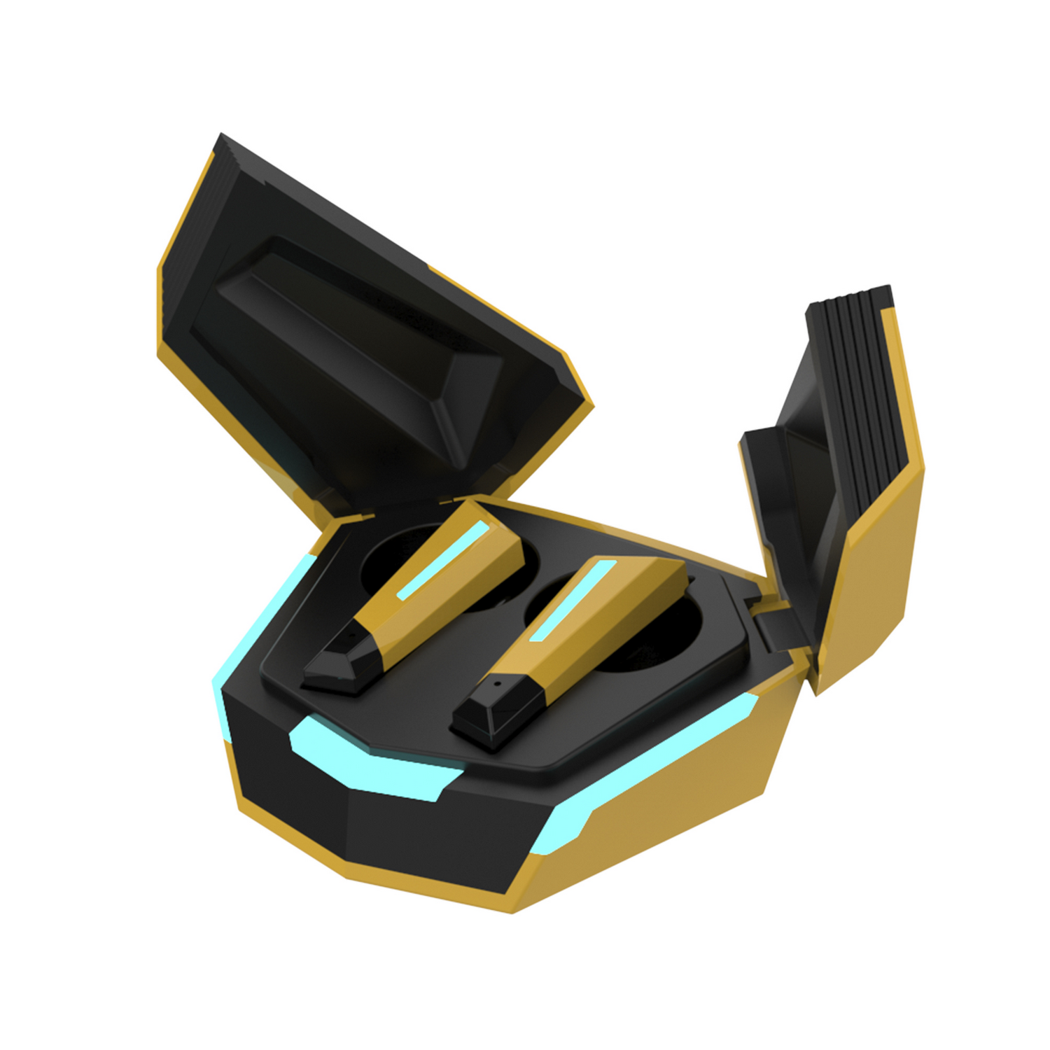 Auriculares para juegos amarillos y negros en un estuche de carga sobre fondo blanco.