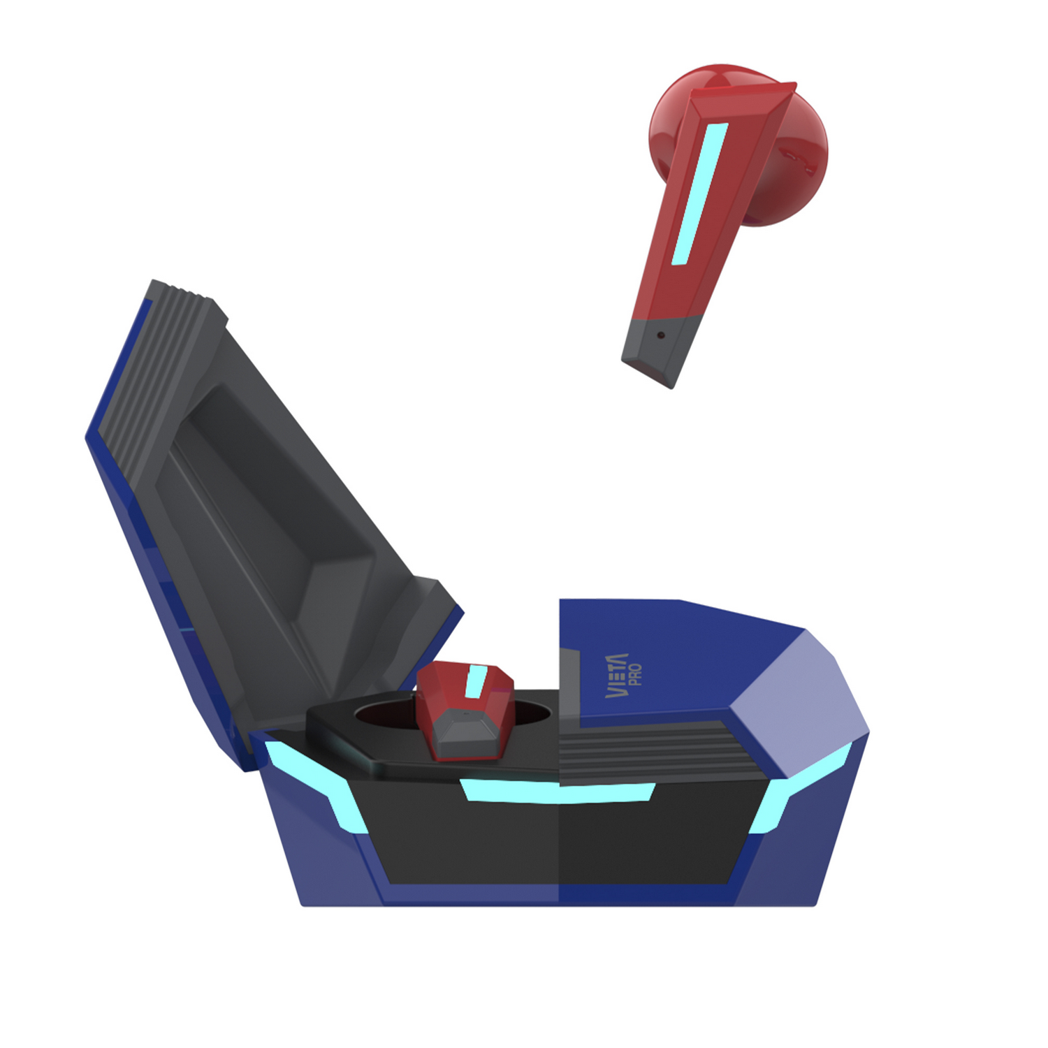 Auriculares para juegos rojos y azules en su estuche.