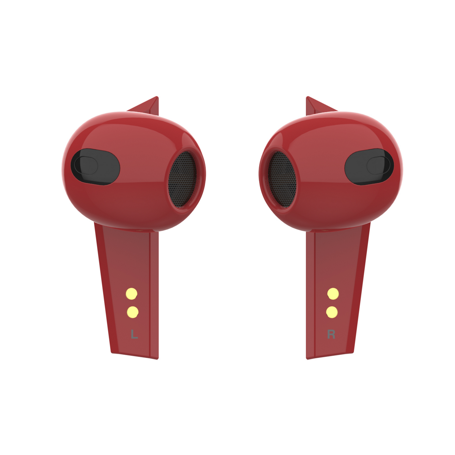 Auriculares inalámbricos rojos, que muestran las marcas izquierda y derecha.
