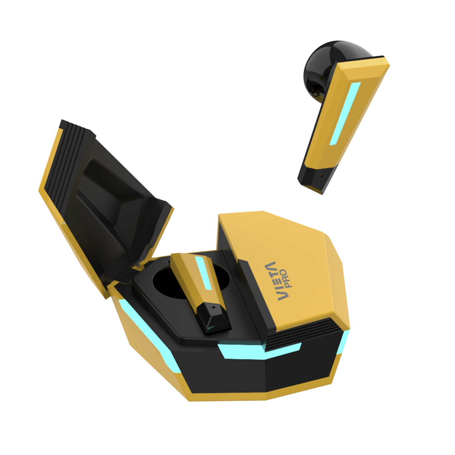 Auriculares y estuche de carga en amarillo y negro, con luz azul en el estuche.
