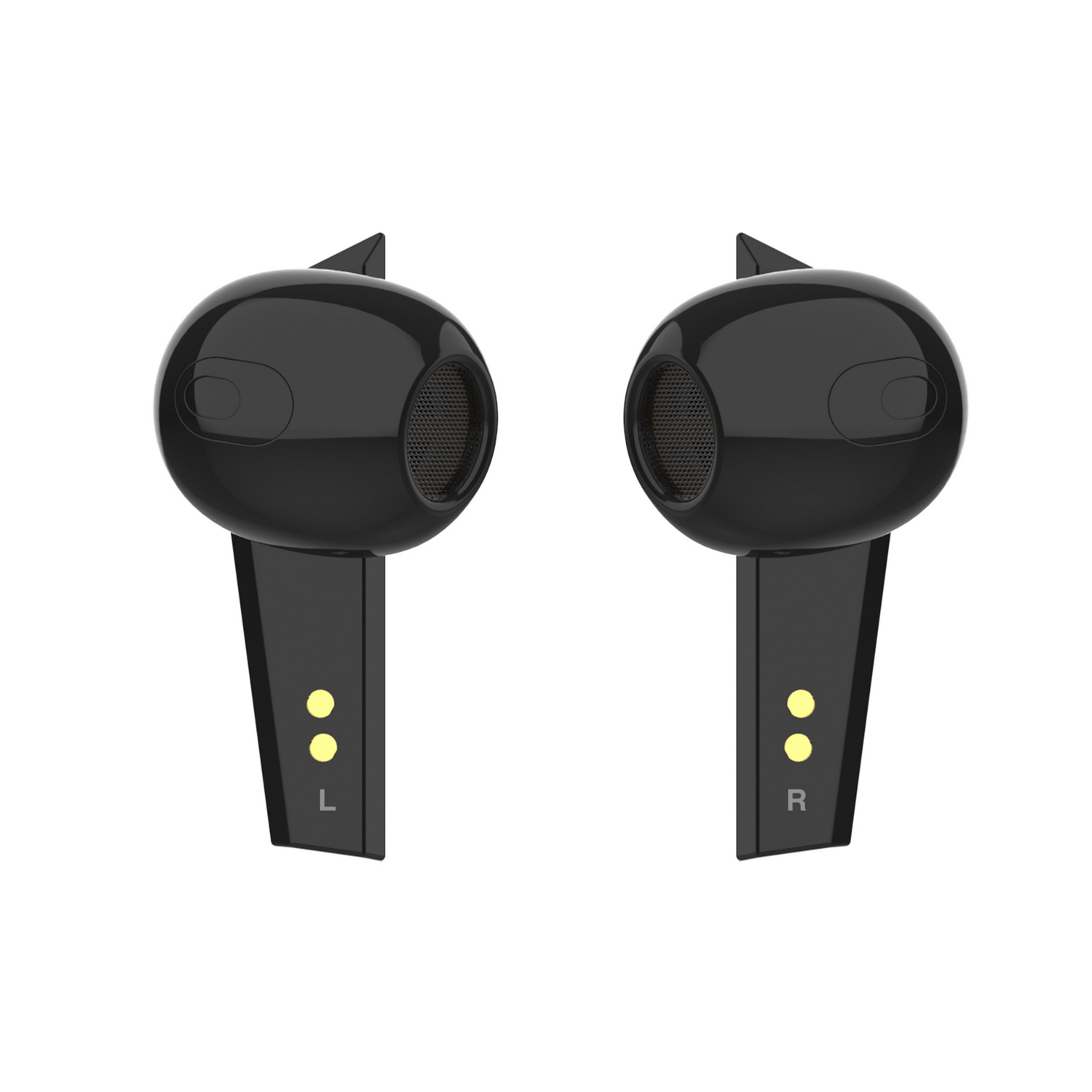 Dos auriculares negros con las letras L y R. Las puntas de los auriculares son de malla negra.