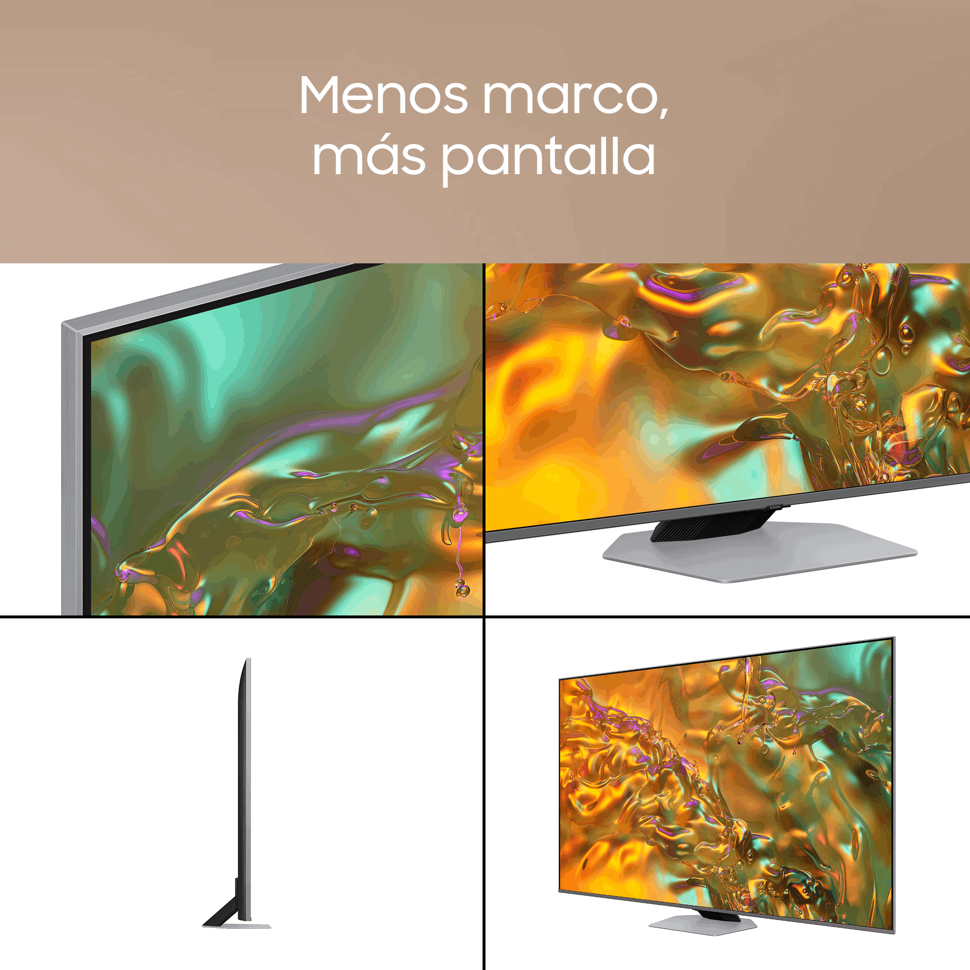 Cuatro imágenes de un televisor, diferentes vistas, mostrando el bisel delgado y el diseño moderno.