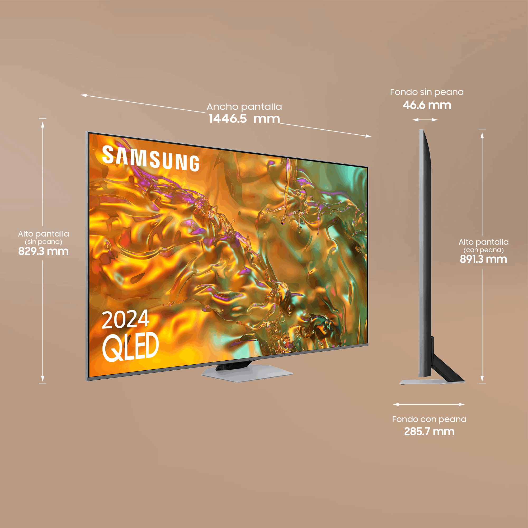 Televisor Samsung QLED. Vistas lateral y frontal con dimensiones. Pantalla muestra imagen abstracta colorida.