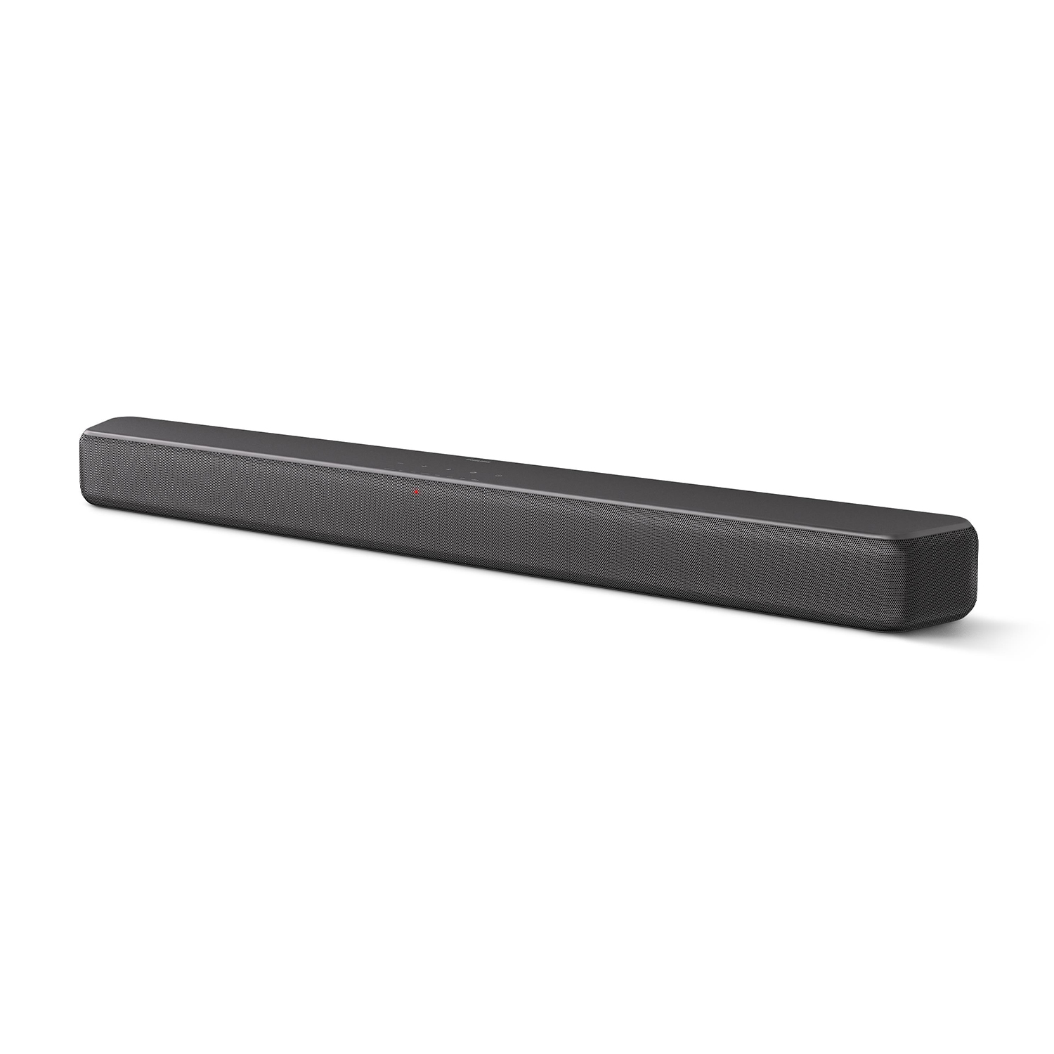 Soundbar grigio scuro su sfondo bianco, angolata verso destra.