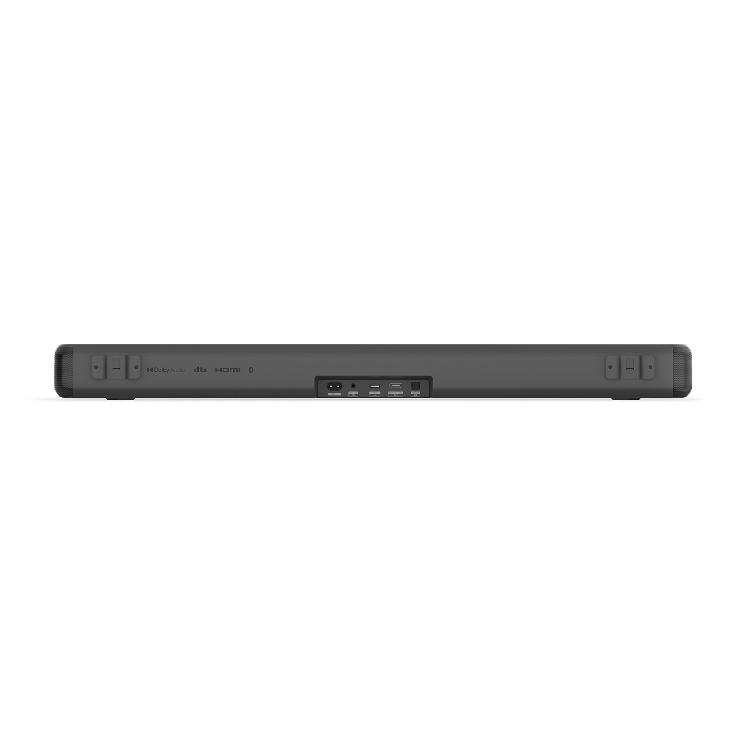 Una soundbar grigio scuro ed elegante, centrata su sfondo bianco. Presenta pulsanti e porte sui lati e sul retro.