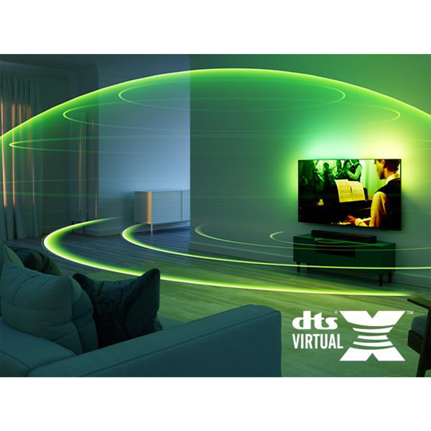 Una stanza con una TV che mostra un concerto, onde sonore e un effetto di luce verde.