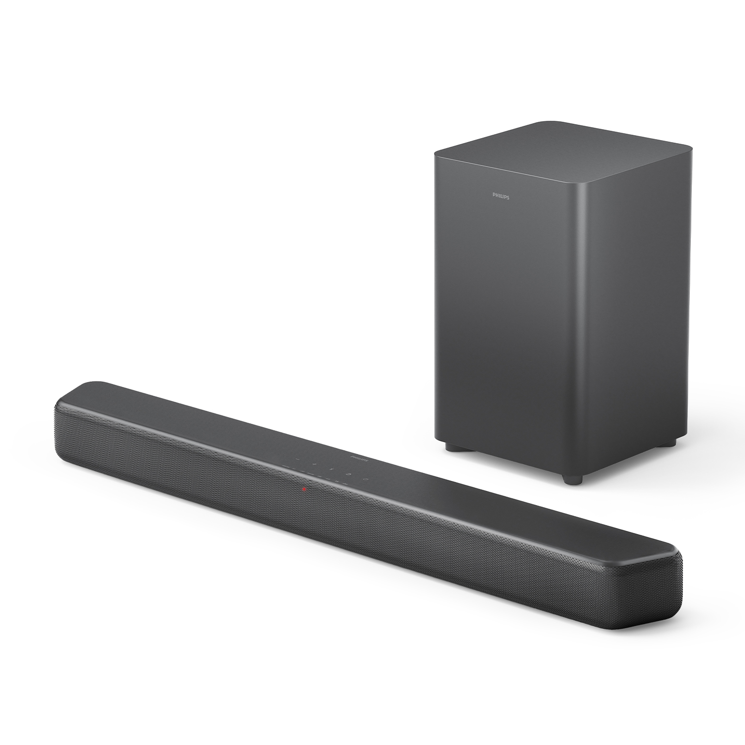 Soundbar e subwoofer Philips neri.