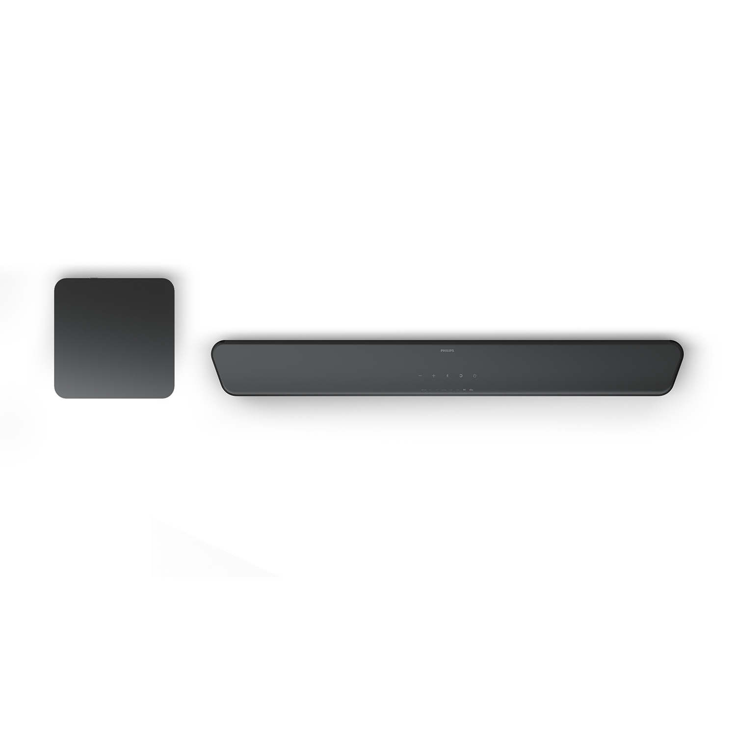 Soundbar e subwoofer neri su sfondo bianco. Design semplice.