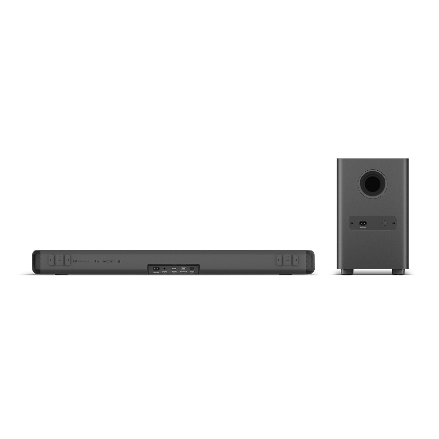 Soundbar Philips nera, vista posteriore e subwoofer.