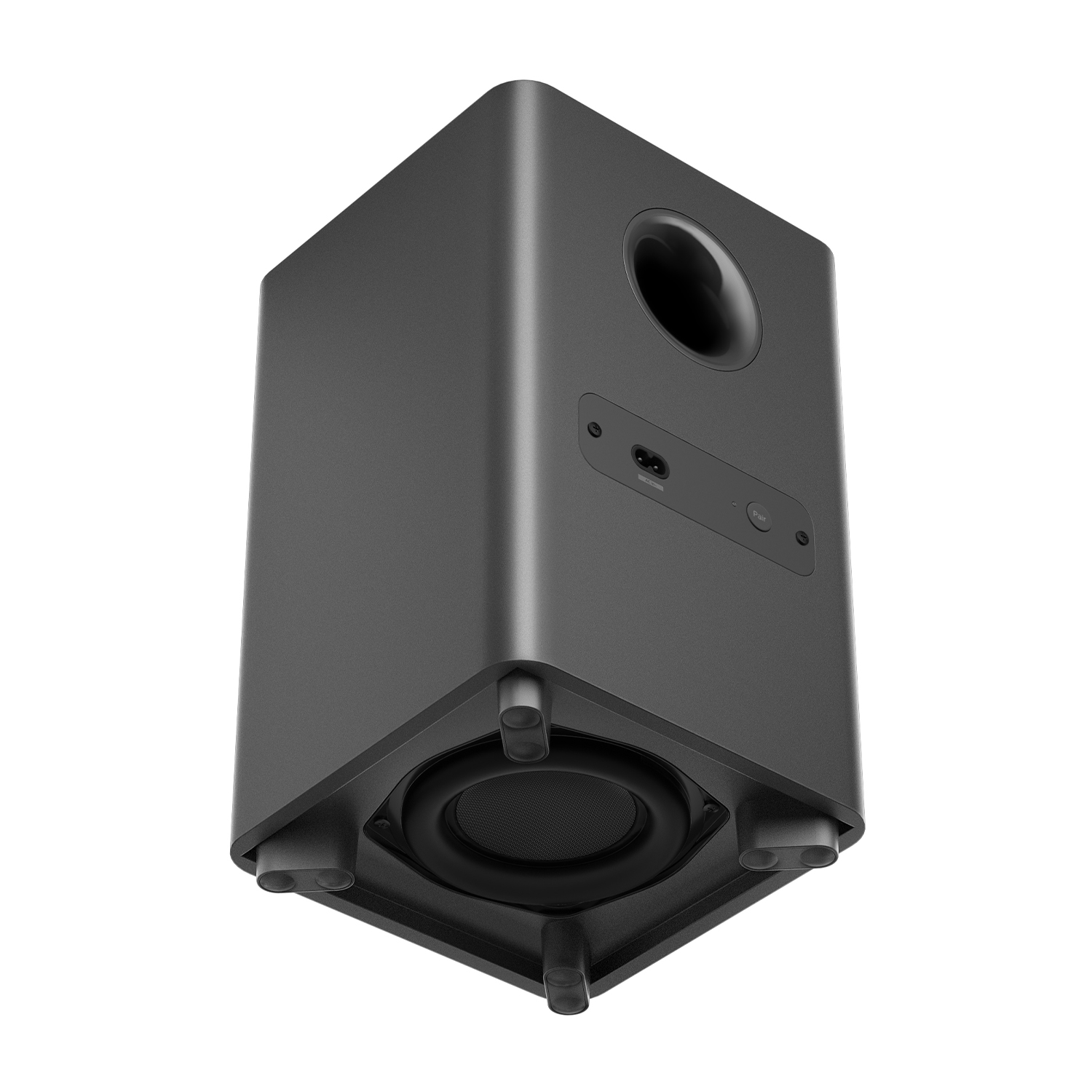 Subwoofer Philips nero con un foro sulla parte superiore.