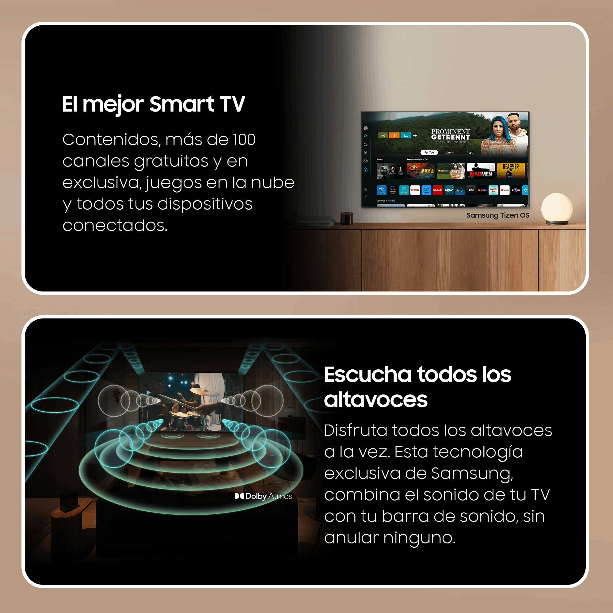 Smart TV con dispositivos conectados y servicios de transmisión.