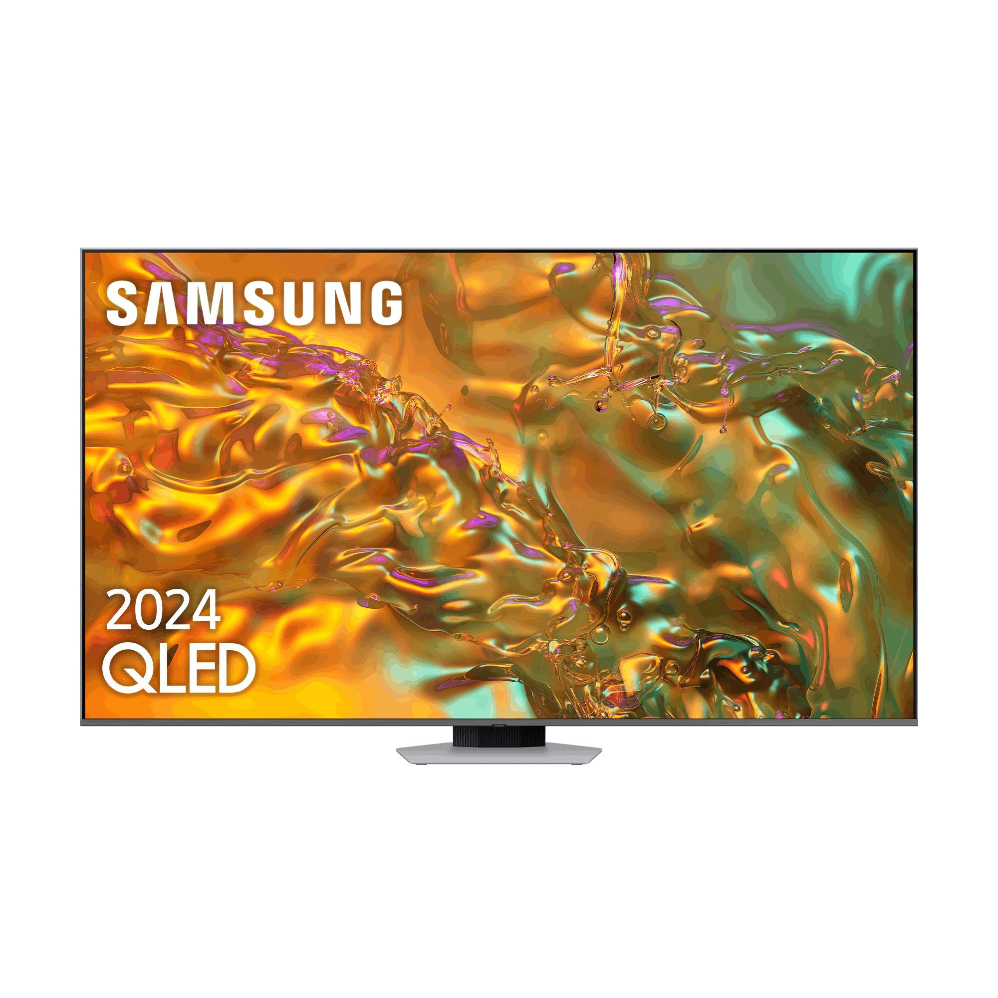 Una pantalla de TV grande y moderna con un diseño abstracto amarillo y naranja y la marca SAMSUNG.