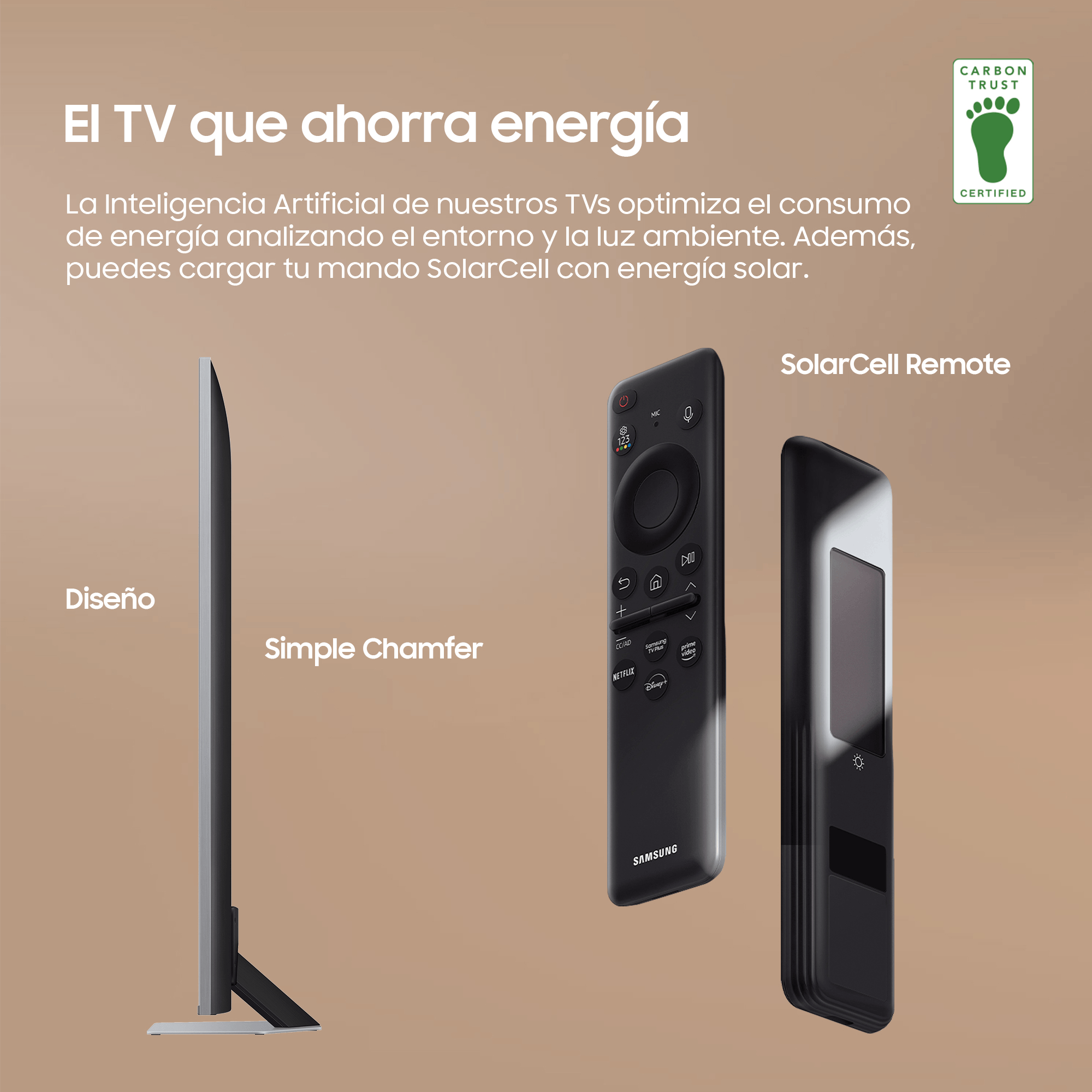 Un televisor con mando a distancia solar. El texto destaca la eficiencia energética y el diseño.