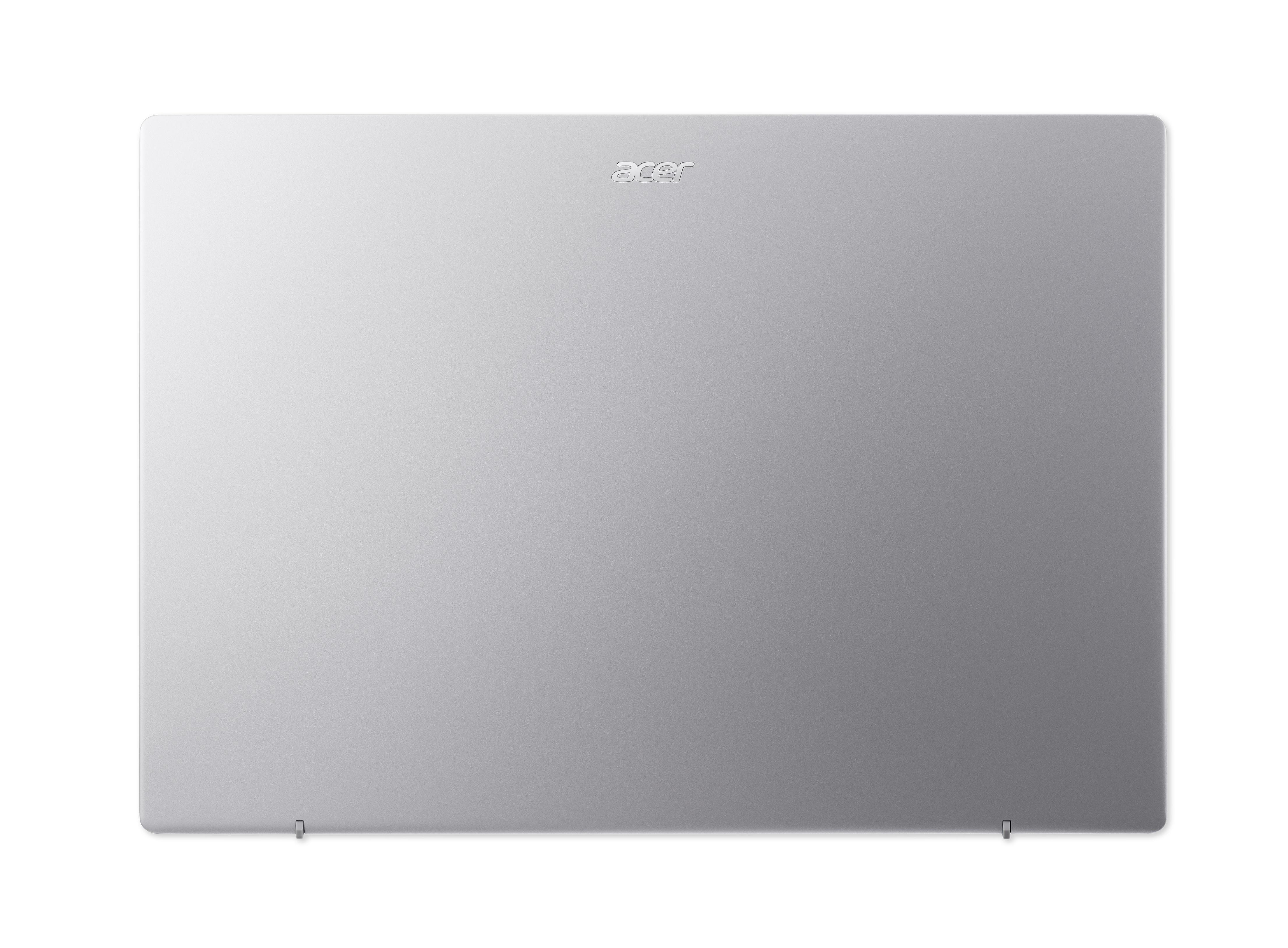 Laptop-Draufsicht. Silber, mit 'acer'-Logo auf weißem Hintergrund.