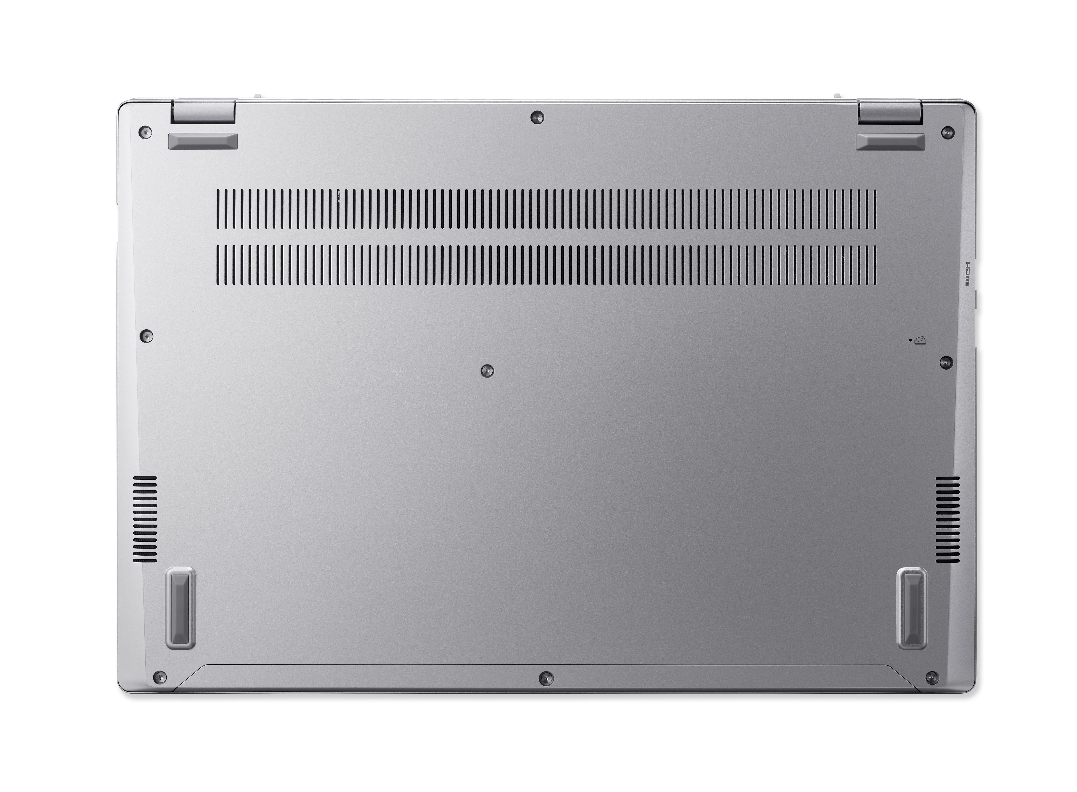 Unterseite eines silbernen Laptops. Er hat Lüftungsschlitze und Gummifüße auf weißem Hintergrund.