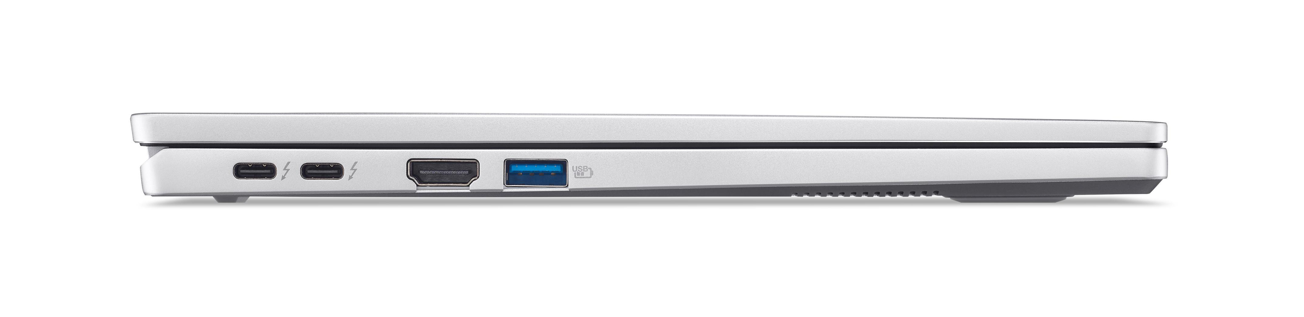 Seitenansicht eines weissen Laptops mit Anschlüssen an der Seite.