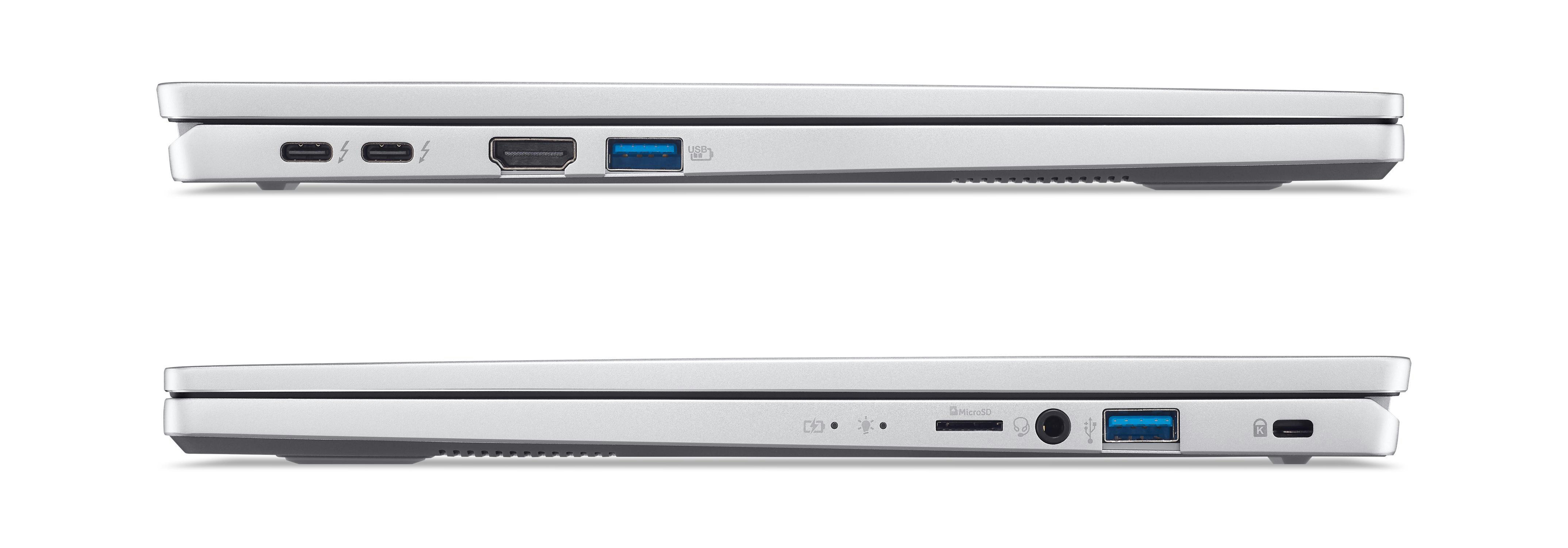 Laptop-Seitenansicht. Silber, mit sichtbaren Anschlüssen.