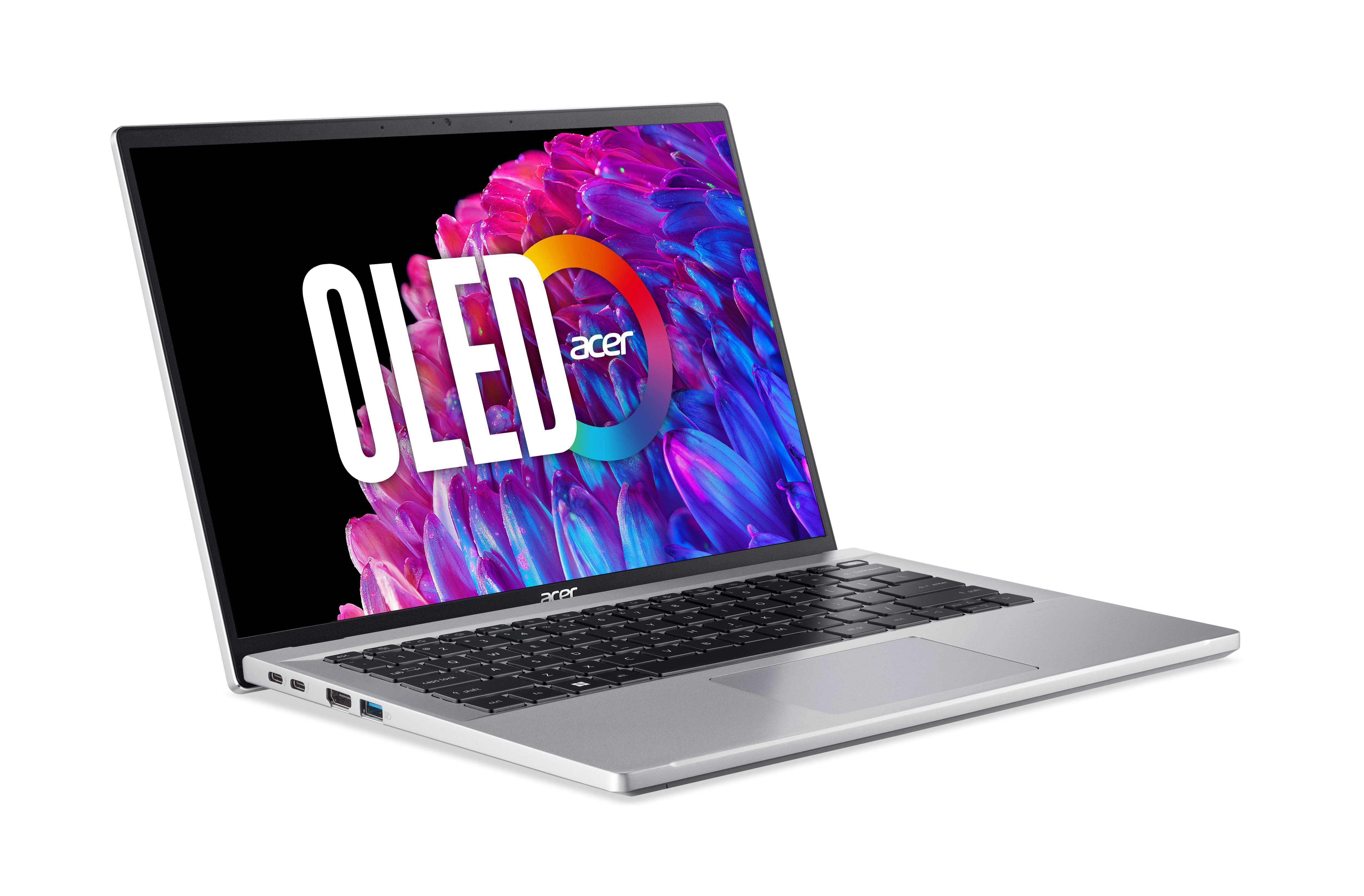 Silberner Laptop mit OLED-Bildschirm, der eine farbenfrohe Grafik und das Acer-Logo anzeigt.