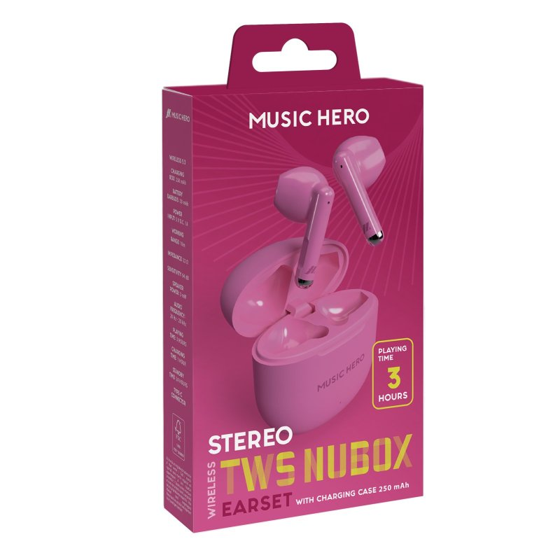 Ein rosa Kopfhörerset mit Ladecase. Auf der Box steht Music Hero.