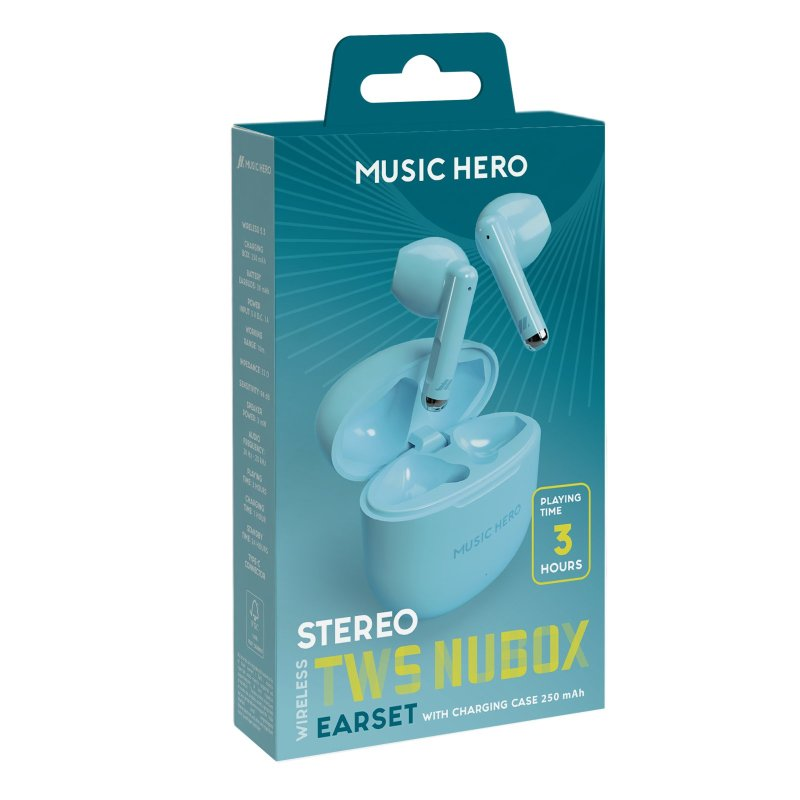 Hellblaue Kopfhörerbox mit zwei Ohrhörern. Text: 'Music Hero, Stereo TWS'.