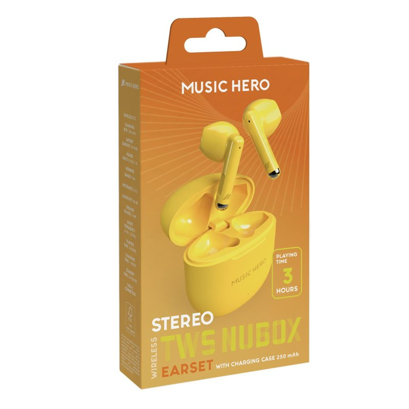 Gelbe Music Hero TWS-Ohrhörer und Ladecase in einer offenen Box. Hat Text und Logo.