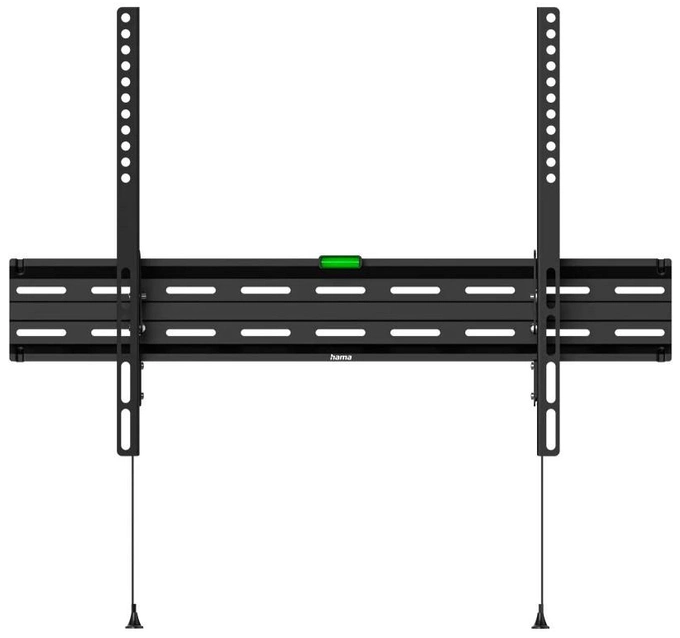 Czarny uchwyt do telewizora z zieloną poziomicą. Posiada pionowe i poziome pręty.