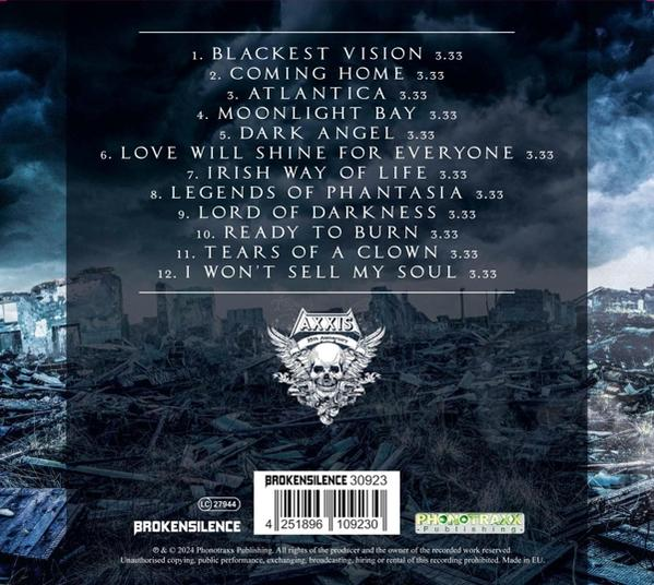 Die Rückseite eines Musikalbums mit Titelliste und Logo mit Totenkopf.
