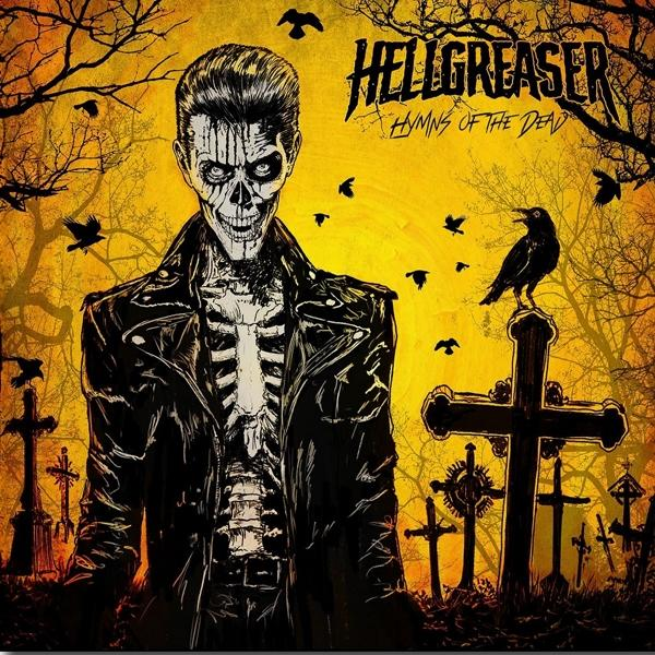 Albumcover mit Skelettfigur in Lederjacke, Krähen und Friedhof.