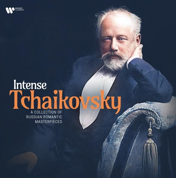 Az Intense Tchaikovsky album borítója. Egy szakállas férfi portréja. Narancssárga szöveg kék háttéren.