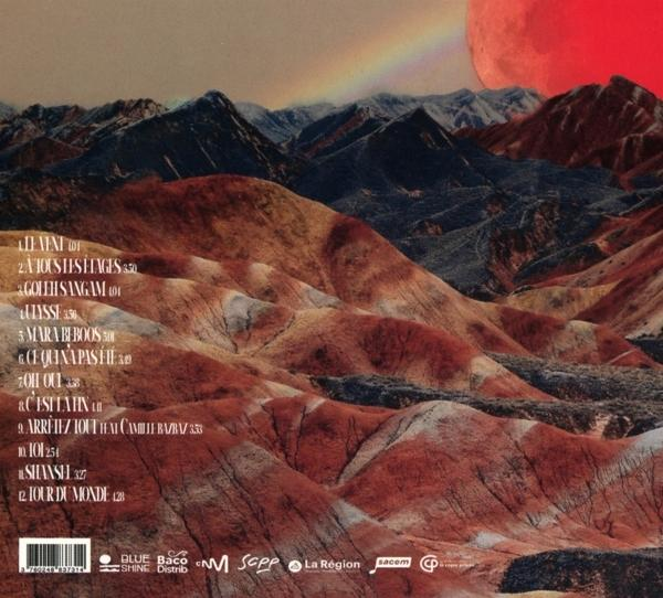 Albumcover mit rotem Berg und Regenbogen. Der Text enthält Songtitel und Künstlernamen.