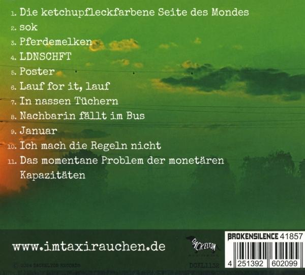 Grüner Himmel mit Wolken, Liste mit 11 Titeln, Website und Barcode.