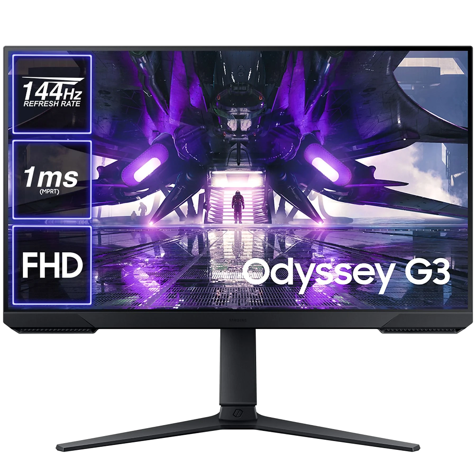 Monitor Samsung Odyssey G3. Cechy: częstotliwość odświeżania 144 Hz, czas reakcji 1 ms i rozdzielczość FHD. Futuristyczne tło.
