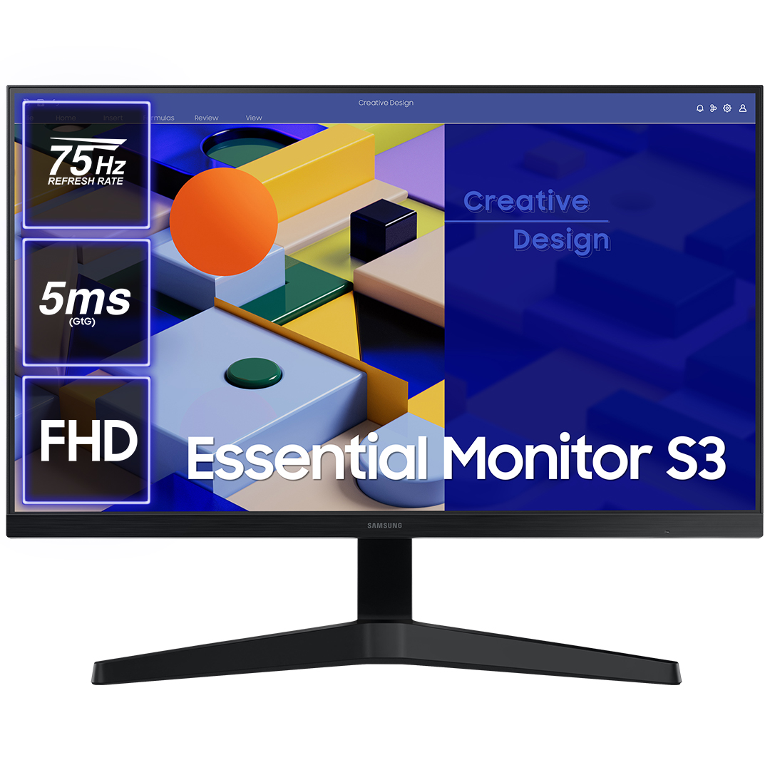 Czarny monitor Samsung wyświetla ekran z pomarańczowymi i niebieskimi kształtami geometrycznymi i tekstem.