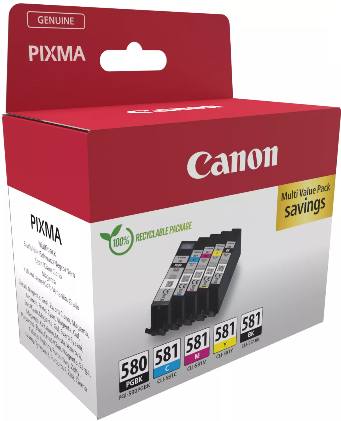Eine Canon Tintenpatronenbox mit Patronen, rote und weiße Verpackung.