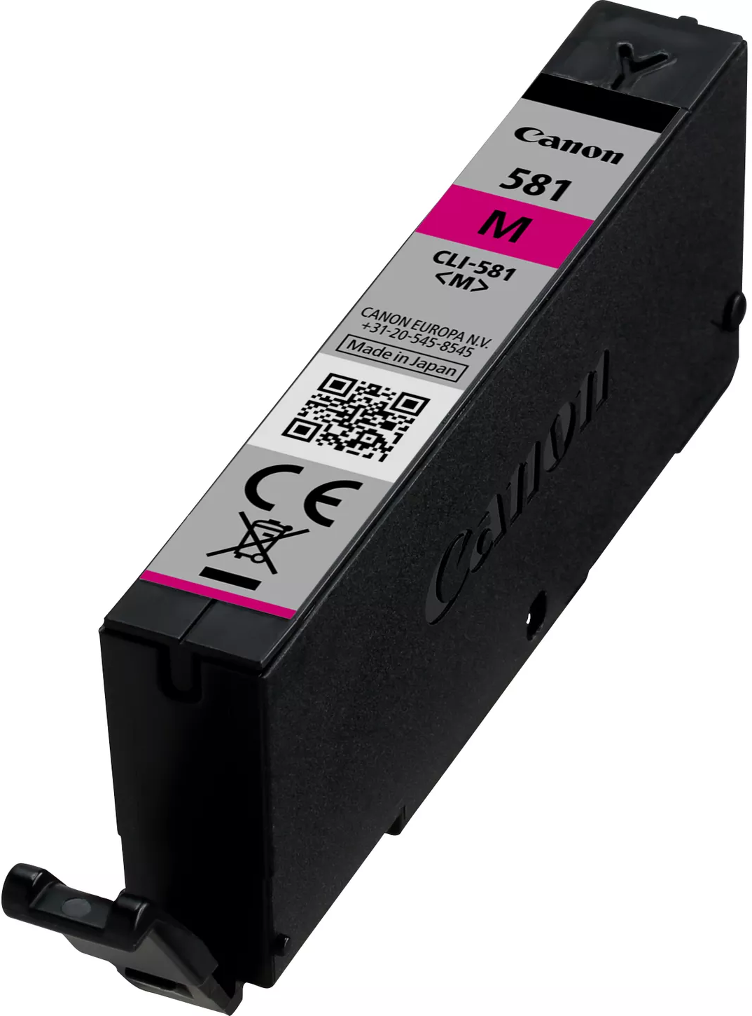 Eine Canon Tintenpatrone, magenta Tinte, mit weißem Hintergrund.