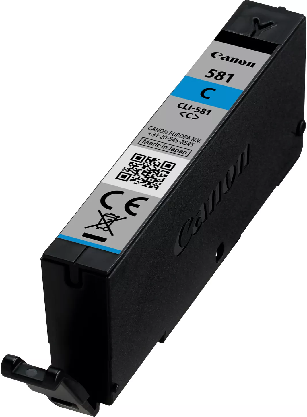 Schwarze Canon Tintenpatrone mit cyanfarbenem Etikett und Canon-Logo.