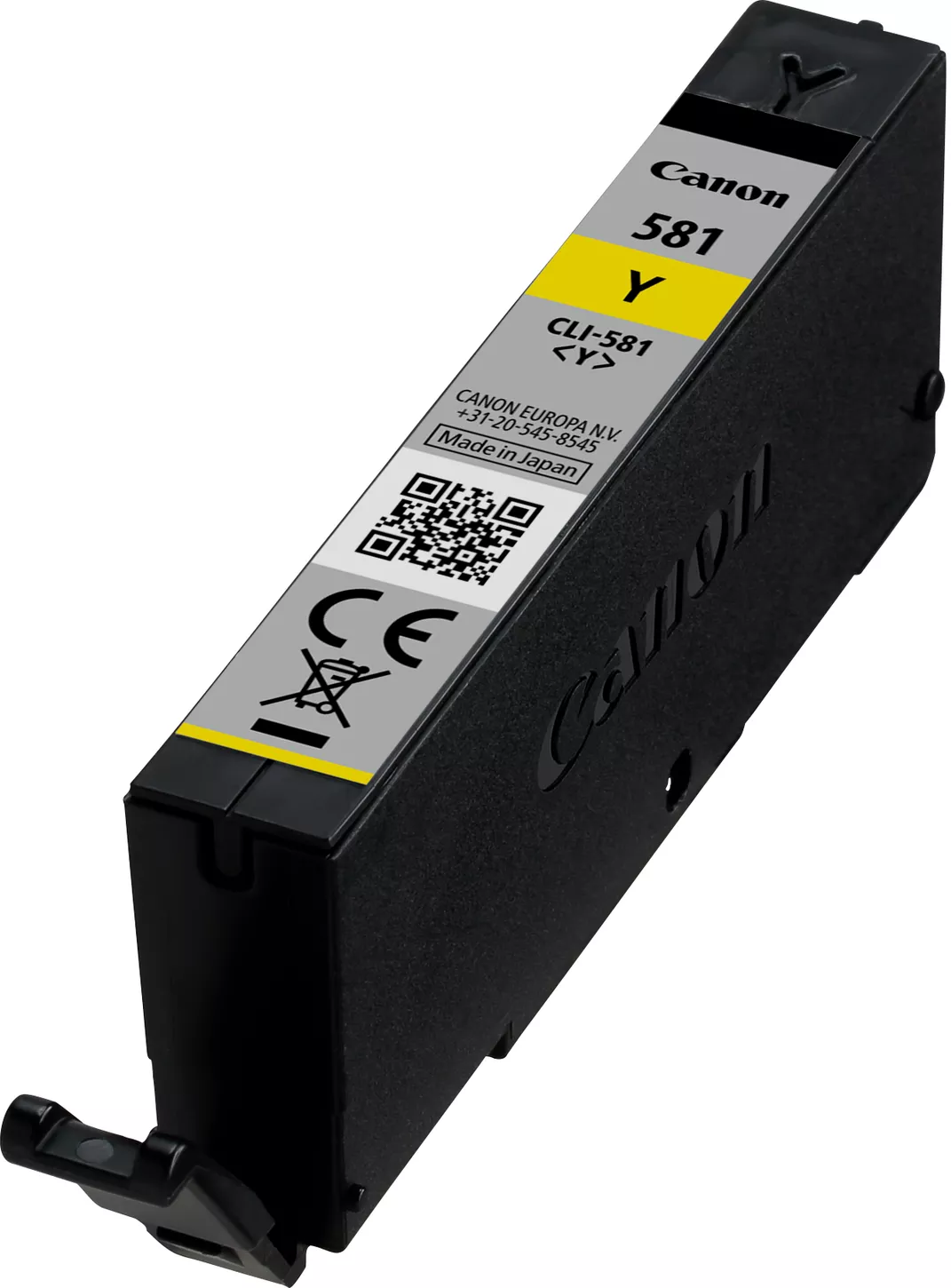Canon gelbe Tintenpatrone, schwarz-gelbes Etikett, weißer Hintergrund.