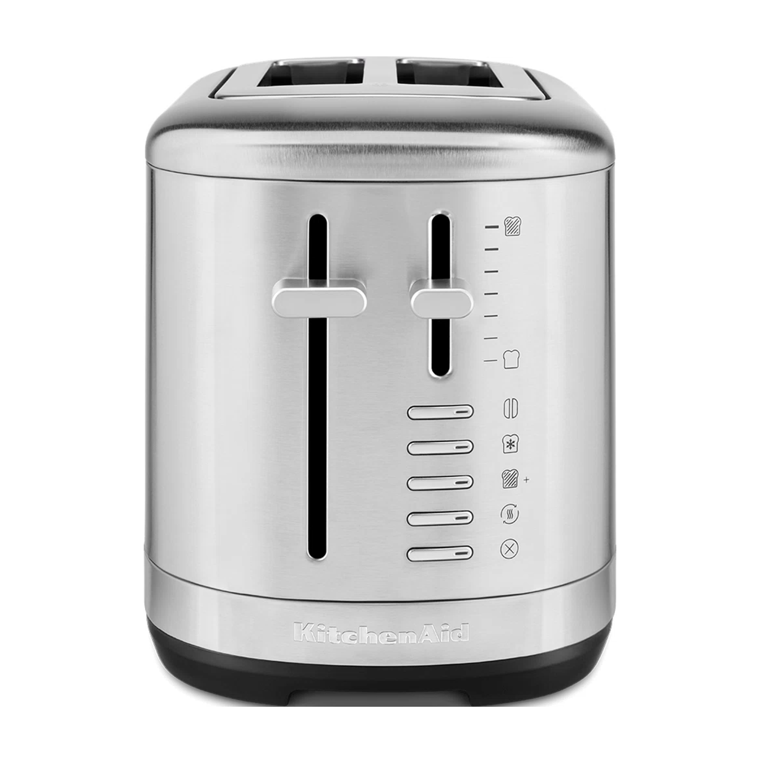 Tostapane KitchenAid argento e nero. Due fessure e comandi. Sfondo bianco.