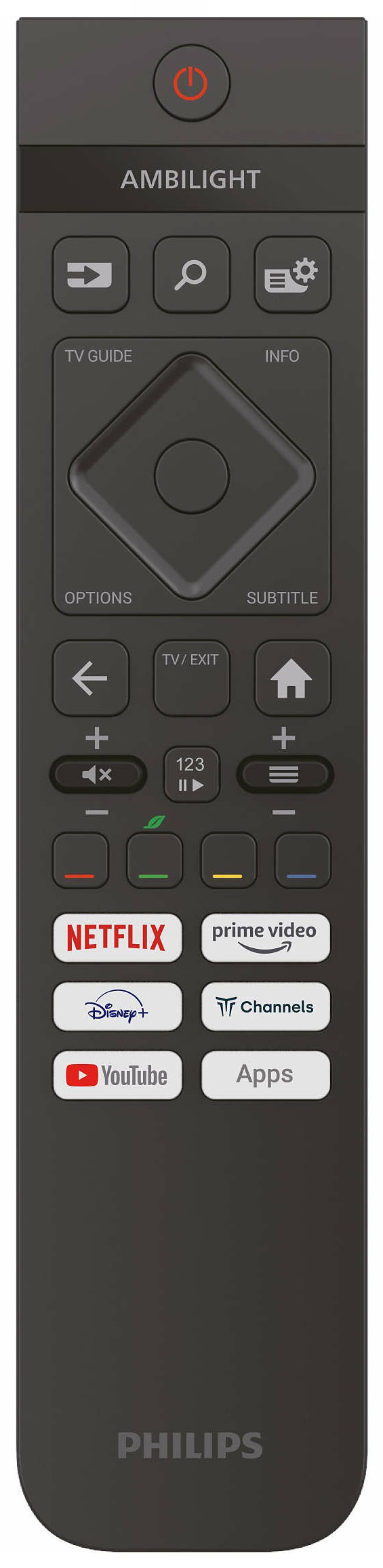 Czarny pilot Philips. Przyciski: zasilanie, nawigacja, Netflix, Prime Video i inne.