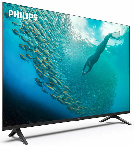 Telewizor Philips wyświetla podwodną scenę z nurkiem i ławicą ryb.