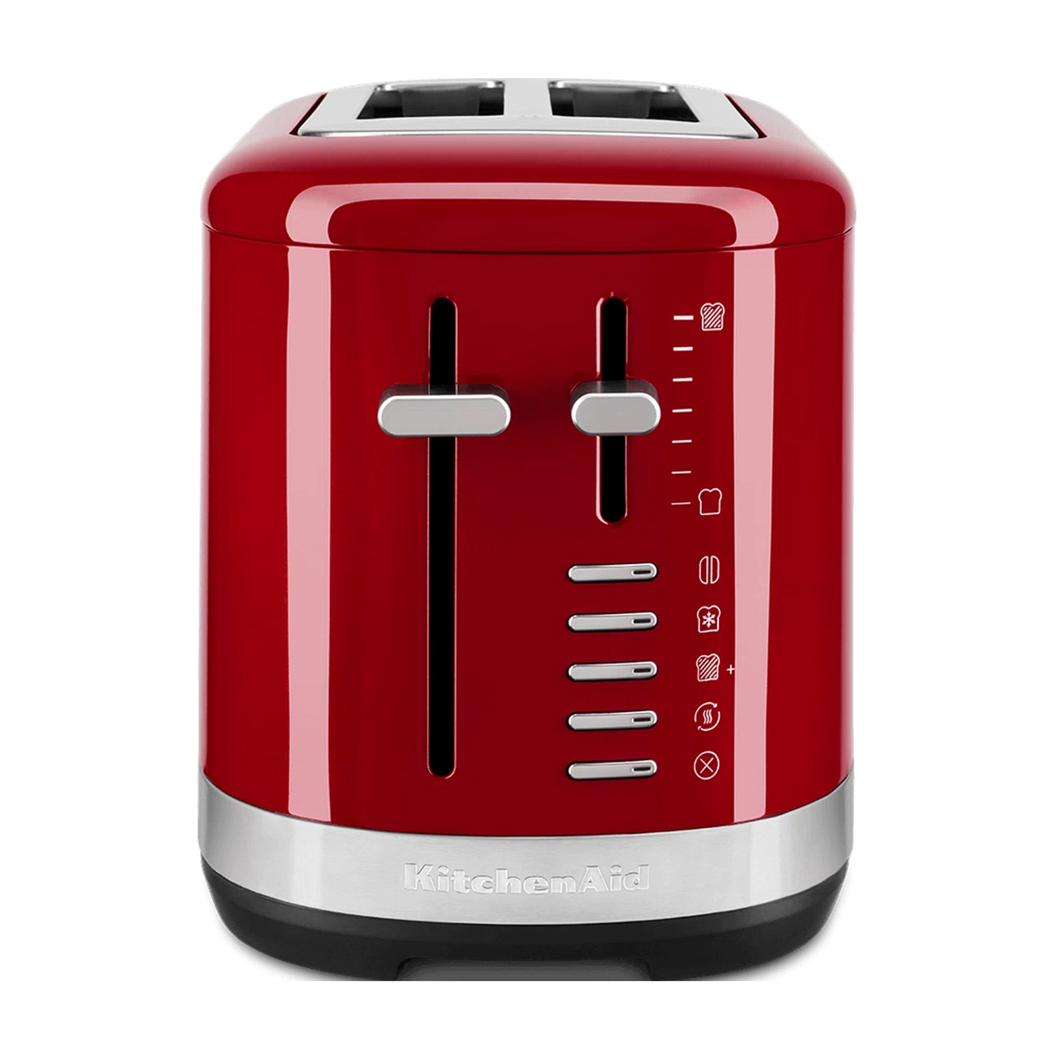 Tostapane KitchenAid rosso su sfondo bianco. Il tostapane ha due fessure e pulsanti di controllo.