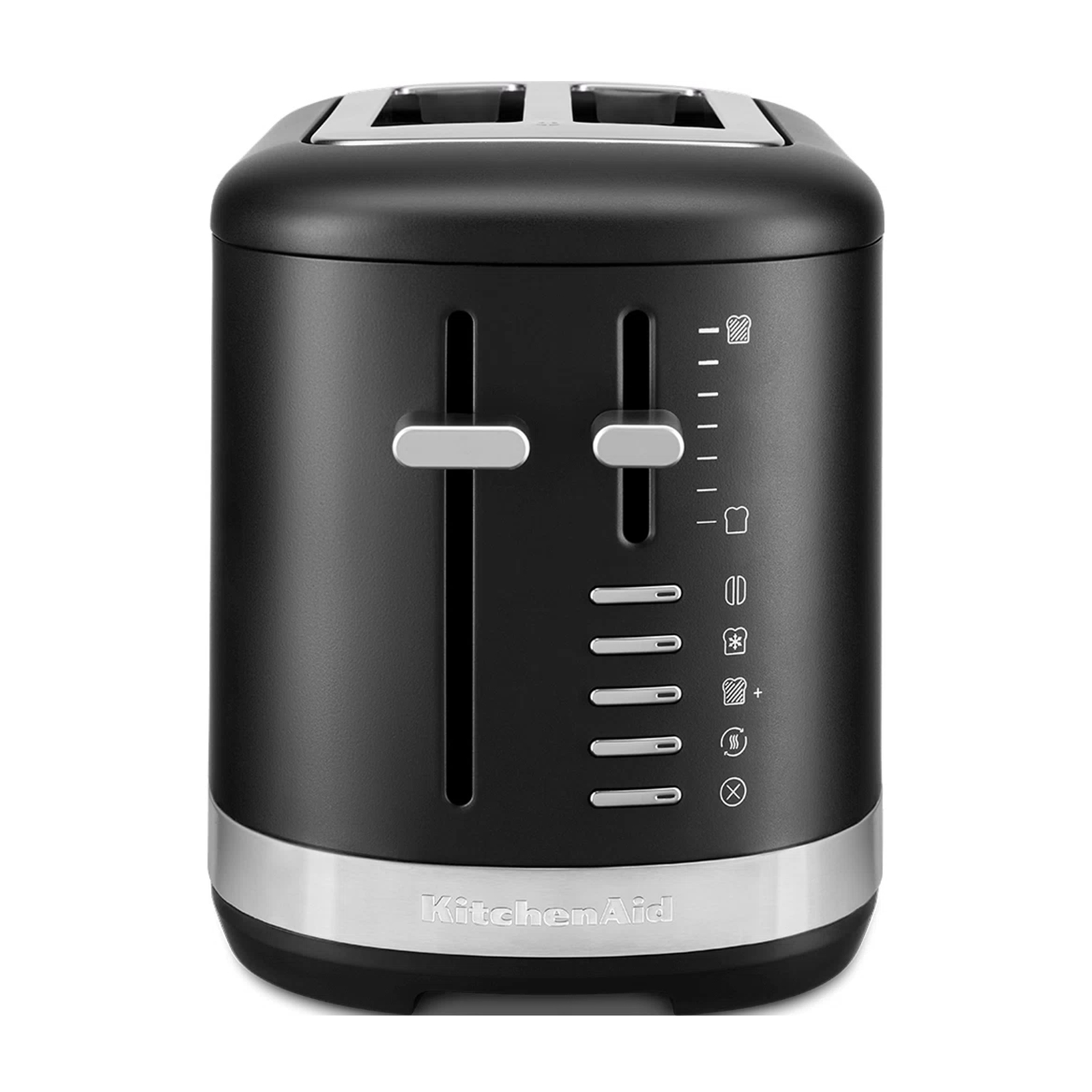Tostapane KitchenAid nero. Ha due fessure, un display digitale e varie impostazioni e controlli.